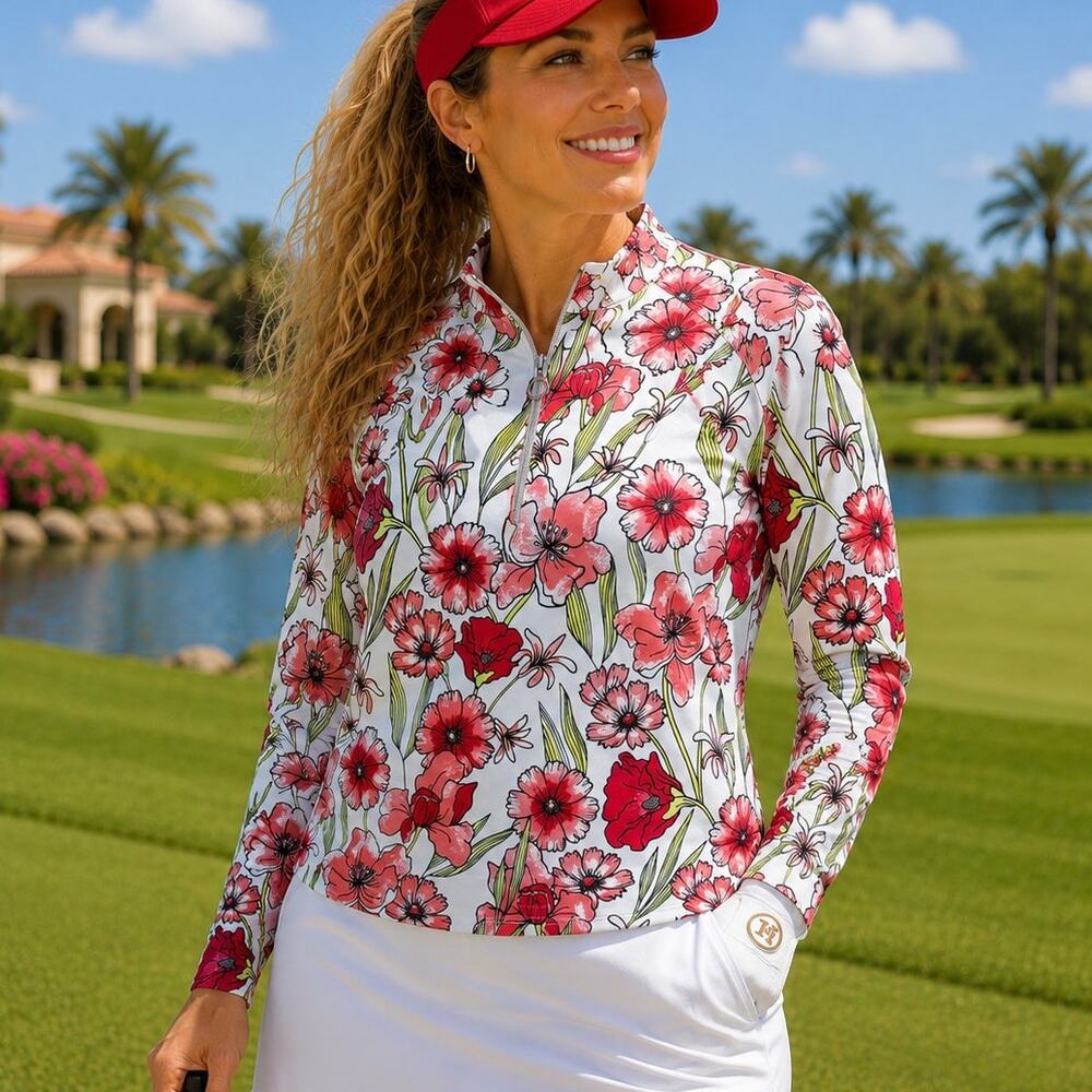 Tail Activewear Theola Womens XXL Long Sleeve Floral 1/4 Zip Golf Top Pink Red